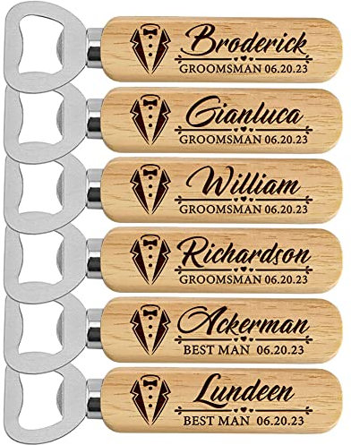 Personalised Wooden Bottle Opener Gift, Engraved Wedding Gift for Best Man, Father of The Bride, Usher Groomsman (Set of 6)