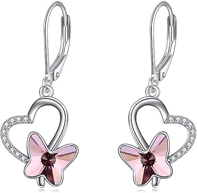 AOBOCO Schmetterling Ohrringe Damen 925 Sterling Silber Leverback Herz Ohrringe Baumeln Tropfen mit Rosa Kristall aus Österreich Geburtstags Geschenke für Frauen Mädchen Frau Tochter Freundin