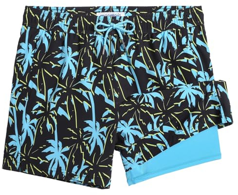 maamgic Maillot de Bain pour Hommes avec Compression Short de Bain 2 en 1 | 5.5 Séchage Rapide Short de Natation décontracté Boardshorts avec Pantalon intérieur et Poche,Palmiers Jaune Navy 5.5,S