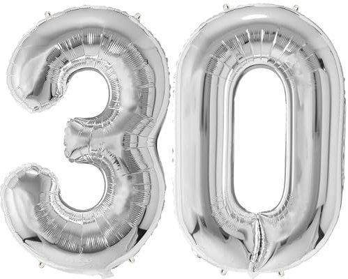 FUNFEST Luftballons zum 30. Geburtstag, silberfarben, 100 cm – Geburtstagsballon-Dekoration – inklusive XL-Ballon zum 30. Geburtstag und Strohhalm – Fliegen mit Helium