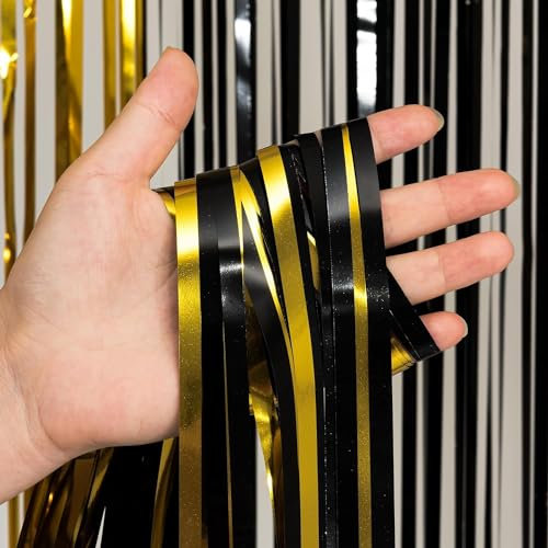 3pcs 2M X 1M Black&Gold Metallic Tinsel Curtains Aluminum Foil Flow Silk Curtain Background Streamer Birthday Party Wedding Holiday Decoration (Black & Gold)