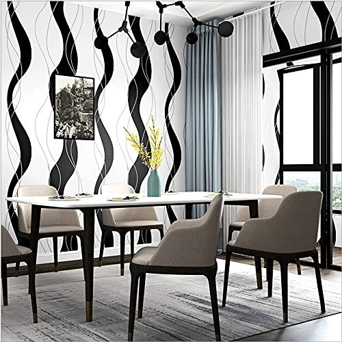 HimYKEA Tapete mit Wellenmuster, vertikal, gestreift, geometrisches Muster, Linien, skandinavischer Stil, Schlafzimmer, Wohnzimmer, TV-Hintergrund, Vliestapete, schwarz, grau, weiß, 4 cm B x 82 cm L