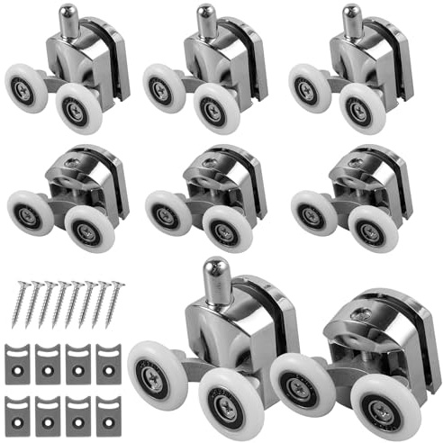 Duschtürrollen, gebogen, 23 mm, Aluminiumlegierung, oben und unten, für Duschglastüren, leiser Ersatz für 4–6 mm Glastüren, Ersatz mit Anti-Kollisionspad und Schrauben für 4–6 mm Glastüren, 8 Stück