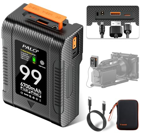 Mspalocell V-mount battery 99Wh 6700mA 14.8V, PD65W USB-C fast charging V mount battery with OLED screen, USB-C/BP/Dual D-TAP (input/output), DC/USB-A (PD65W) output for camera camcorder