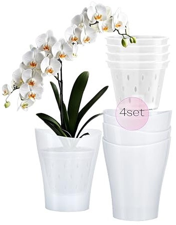 Garten lux Orchideentöpfe Weiß 4er-Set 1L Ø13 cm mit 4er-Set Orchideen Übertöpfe Drainageloch Kunststoff Transparent 0.55L Ø11 cm für den Innenbereich