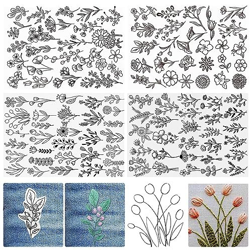 4 Blatt Stickvorlagen, Wasserlösliche Stickmuster Handnähstabilisatoren Stickvlies Selbstklebend Stickbilder auf Stickvlies Wasserlöslich für DIY Handnähliebhaber Stickerei Handnähen (B)