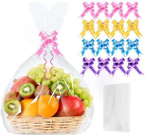 Large Cellophane Bags for Hampers with Pull Bows, 12Pcs (70CMx52CM/27.6 x 20.5 inches) Clear Cellophane Wrap Bags for Gift Baskets Hamper Making Easter Valentine's Day Gift Presents Packaging