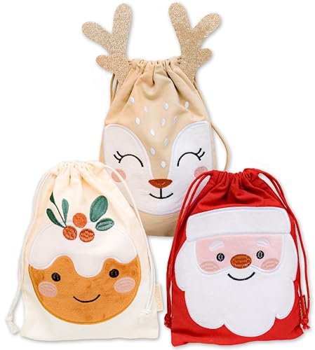 Papierdrachen Geschenkverpackung Weihnachten 2025 - groß - Set 3 Stück - Rentier- Rot Beige - zum Befüllen und Verschenken - wiederverwendbare Beutel