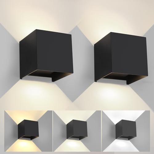 FUPE 2 Stück Wandleuchte Aussen Innen Einstellbare 3 Lichtfarben LED Wandlampe Aussen Außenwandleuchten Modern Schwarz 6W IP65 Wasserdicht quadratisch Aluminium Wandleuchte Passen Sie den Lichtwinkel