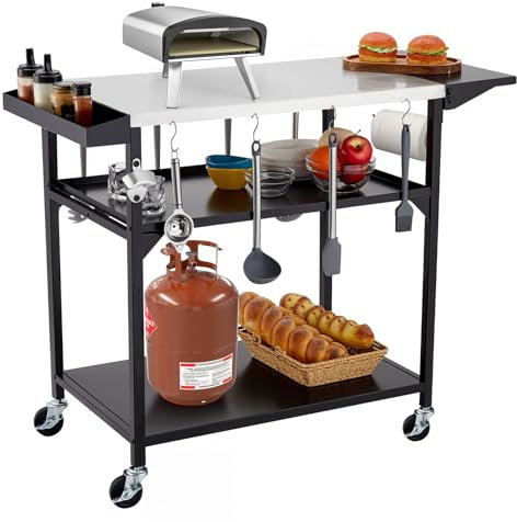 GarveeLife Carrello da tavolo per barbecue da esterno con 4 ruote, in acciaio inox, tavolo per pizza per esterni, tavolo di preparazione mobile, stazione di cottura, tavolo da lavoro multifunzionale