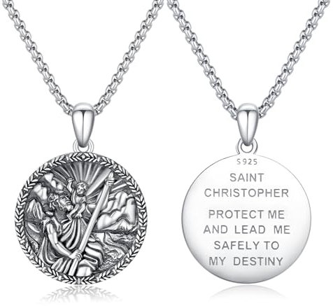 St Christophorus Medaille für Männer 925 Sterling Silber Runde Halskette mit dem Heiligen Christophorus Halskette mit dem Heiligen Christophorus Anhänger Schutzschmuck Religiöse Geschenke