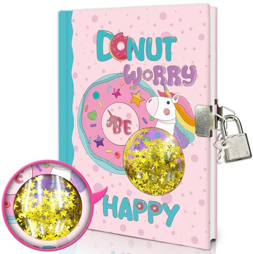 Secret Diary for Girls, 7x5.25 Inches 160 Lined Pages Shakable Sequin Kids Diary with Lock Journal for Girls Gifts Cute Doughnut Notebook for Birthday Presents Toys 5 6 7 8 9 10 Year Old