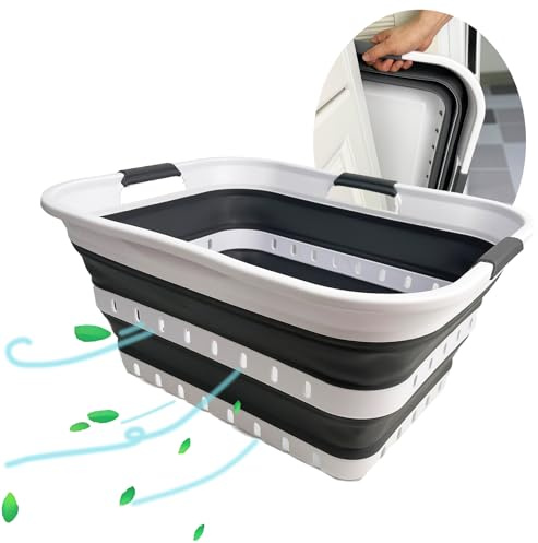 SAMMART Collapsible Plastic Rectangular Laundry Basket - Foldable Pop Up Storage Container/Organizer - Portable Laundry Hamper- Space Saving (White/Steel Grey, 42L)