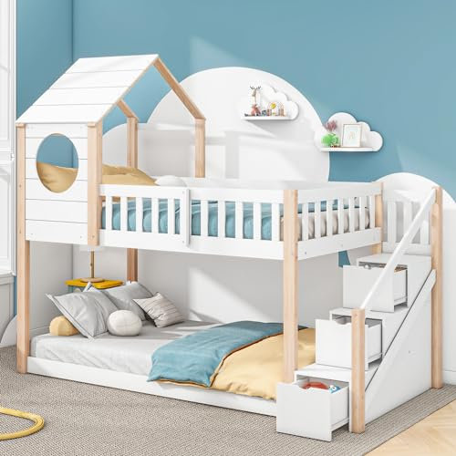 Wooden Bunk Bed for Kids, 3ft Twin Sleeper Loft Bed with Stairs and Storage Space, Children Cabin Bed Double Bed Frame with Window and Roof, Solid Pine Wood House Bed, Natural & White, 190x90 cm