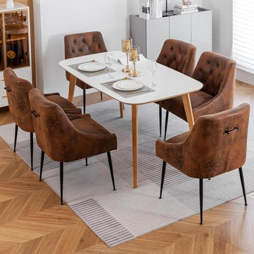 LONXIU Esszimmerstühle 6er Set mit 13 cm Kissen und Rückseitiger Hebel, Metallbeinen, Küchenstuhl Modern Design, für Küche Esszimmer, Wohnzimmer, Schlafzimmer (Dunkelbraun)