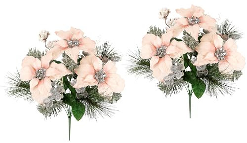 Kunstblumen Bouquet Weihnachtsstern Beeren Tannenzweige 2er Set 45cm Poinsettia Adventsstern künstlich Christstern Weihnachtlicher Strauß X'Mas Weihnachtsdeko Blumen Dekoblume, Poinsettia/Eukalyptus