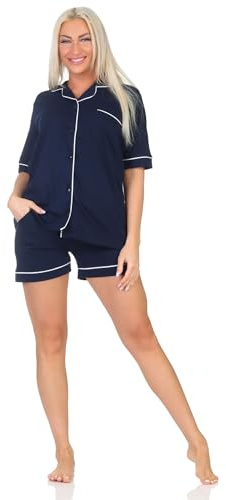 Normann Damen Kurzarm Shorty Pyjama in klassischen Style aus Jersey - auch in Übergröße, Farbe:Marine, Größe:36-38
