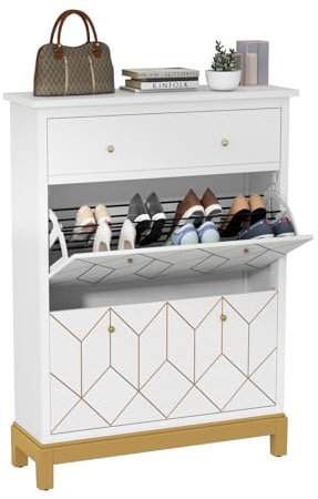 HOLTICO Shoe Cabinet with Drawer, Tall Shoe Storage Cabinet, Wooden White Shoe Cupboard with Gold Legs, Narrow Shoe Rack Storage Organizer for Hallway, Entryway