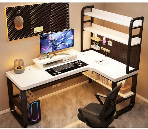 L-förmiger Schreibtisch Aus Massivholz Moderne Schreibtisch Für Computer Tisch Mit Integrierten Bücherregalen Und Stauraum Gaming-Schreibtisch Eckschreibtisch Für Büro - Ohne Stühle(White-right,120x80