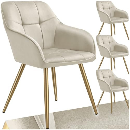 tectake® Samt Stuhl, Esszimmerstuhl mit Stepp Samtstoff, Küchenstühle modern, gemütlicher Sessel Wohnzimmer, Armlehnstuhl Esszimmer, Dining Lounge, Schminktisch Stuhl - Creme/Gold, 4er Set