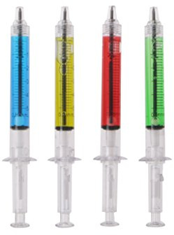 Kugelschreiber mit Spritze, 4 Stück, Neuheit, Kugelschreiber, schwarze Tinte, Flüssigkeit, Medizin