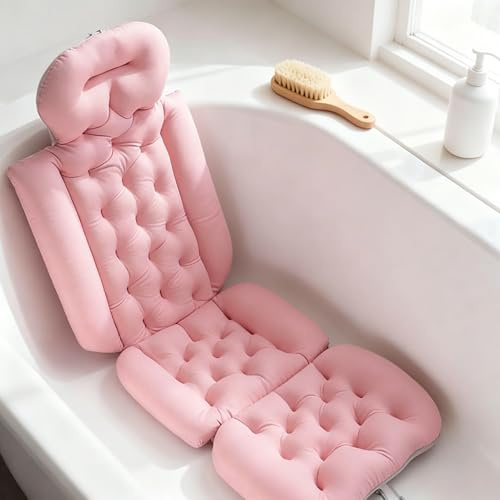 Culnflun Full Body Bath Pillow, Long Non Slip Spa Cushion with Suction Cups, Padded Support for Head Neck and Back, Removable Washable Pink for Adult Bathtub