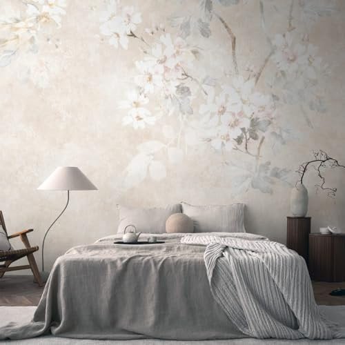 Photo Wallpaper Profhome 399191-GU hot Embossed Non-Woven Wallpaper Smooth with Floral Pattern matt Beige Cream Grey White 3.71 m x 2.8 m