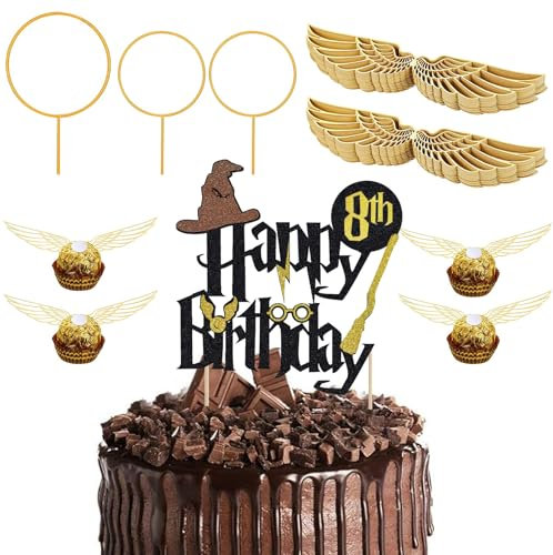 Glitter Magier Tortendeko 8. Geburtstag,54 Stk Wizard Cake Topper 8. Geburtstag,Golden Snitch Wings Schokolade Cake Topper Geburtstage,Kindergeburtstag Party Kuchen Deko,Magic Theme Party Supplies