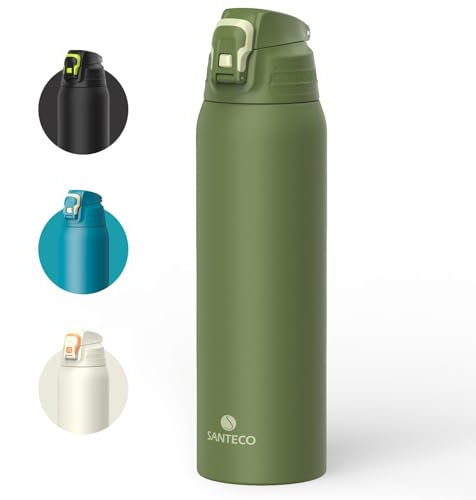 SANTECO Botella con bloqueo de seguridad contra fugas, termo de acero inoxidable, 1,5 l, sin BPA, termo con bolsa de transporte, botella de agua apta para lavavajillas, para viajes, camping, verde