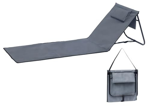 Liegematte faltbar mit stufenlos verstellbarer Rückenlehne - anthrazit - Strandliege 152 x 51 cm faltbar mit Tragegurt - Garten Liege Sonnenliege Camping Picknick Reise Urlaub mit Bodenmatte Staufach