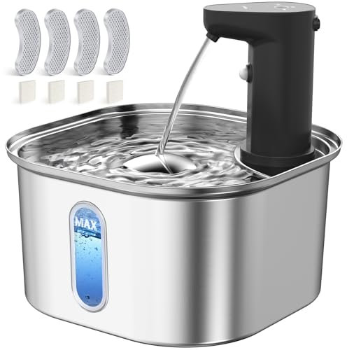 Fontaine à Eau pour Chat sans Fil en Acier Inoxydable + 4 Filtres de Rechange, 108oz 3.2L, 5000mAh Rechargeable Batterie Automatique Fontaine à Eau pour Chat et Chien