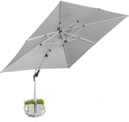 anndora Aluminium Ampelschirm 350 x 350 cm mit Kurbelsystem - Drehbar, Neigbar, Kippbar - Marktschirm, Gartenschirm - Farbe Silber Grau mit Bodenanker