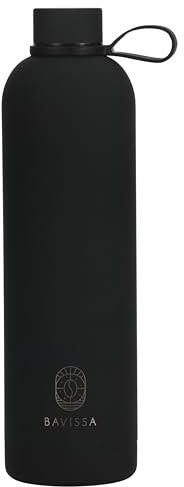 BAVISSA Insulated Water Bottle 1000ml with Lid Clip, Double Wall Vacuum Drinks Bottle Keeps Drinks Cold 12 Hrs/Hot 6 Hrs, Stainless Steel Water Bottle BPA Free (Matte Black)
