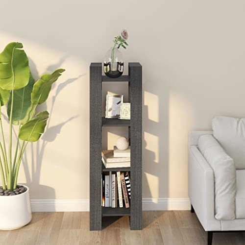 Qnhdfrt Schmales Bücherregal Grau als Raumteiler 41x35x125 cm Massivholz Kiefer Regal Schrank mit Stauraum für Wohnzimmer
