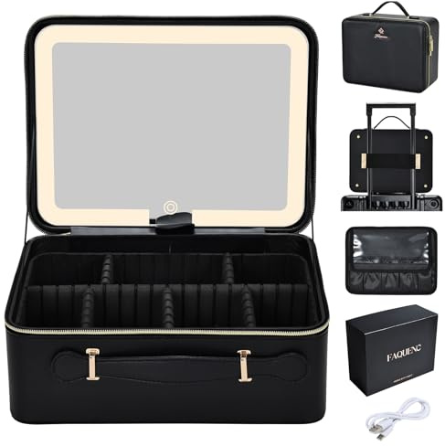 Leder-Kosmetiktasche mit LED-beleuchtetem Spiegel Reise-Kosmetikkoffer Einstellbare Helligkeit in 3 Farben Künstler-Aufbewahrungstasche mit Trennwänden Pinselhalter-Tasche Schminkkoffer Schwarz, 29CM
