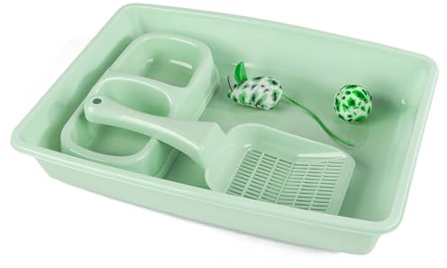 PAWISE Cat Accessories Set of 4 Cat Accessories Including Litter Tray, Litter Scoop, Bowl and Kitten Toy, 14.5 x 10.6 Inches, Green