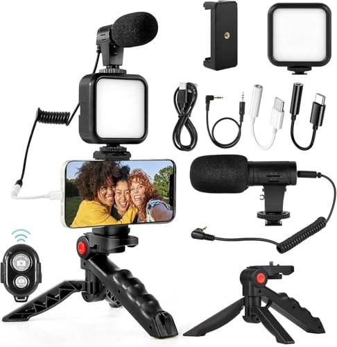 Vlogging Kit Video Kit Kompatibel mit Mikrofon und LED-Lichtstativ Fernbedienung YouTube Kit für Android Instagram, Facebook Live (kompatibel mit iPhone und Android, LED-Licht