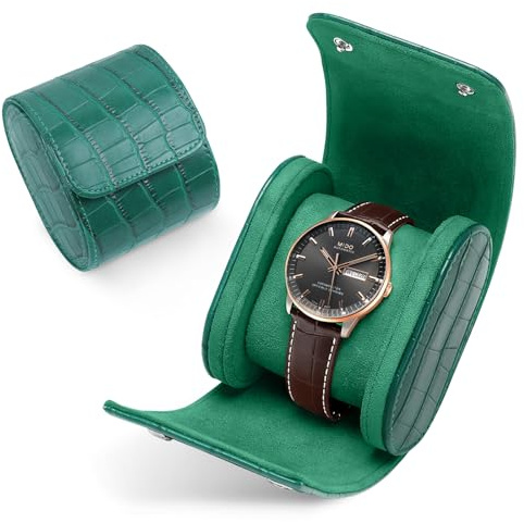 VanHooc Scatola porta orologi pelle 1 Fessure (Verde scuro | 1 Griglie) | similpelle con motivo coccodrillo, cofanetto portaoggetti di lusso vintage, ideale per compleanni Natale San Valentino
