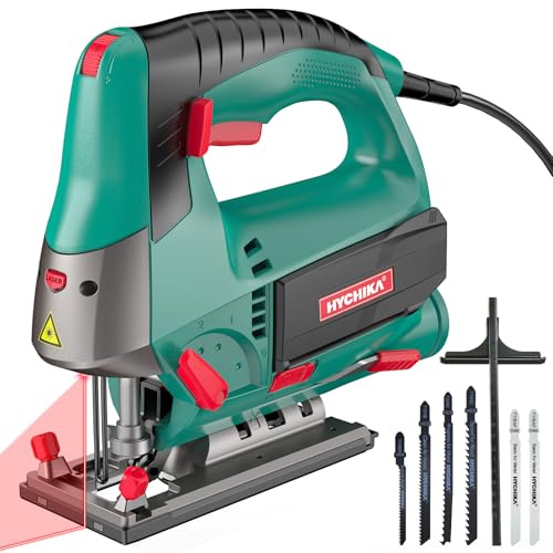 HYCHIKA 800W Jigsaw with Laser Guide - Corded Electric Jig Saw Kit | 6 Variable Speed 800-3000SPM, Max 110mm Cutting Depth in Wood, ±45° Bevel Cut, 6 Blades for Wood Metal Plastic DIY