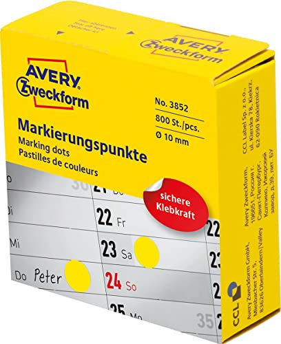 AVERY Zweckform 3852 selbstklebende Markierungspunkte (ø 10 mm, 800 Klebepunkte auf Rolle im Spender, runde Aufkleber für Kalender, Planer und zum Basteln) gelb