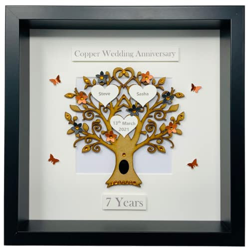 7th or 22nd, 7 Years or 22 Years Copper Wedding Anniversary Gift Family Tree Picture Handmade Frame Personalised (Classic Copper & Black)