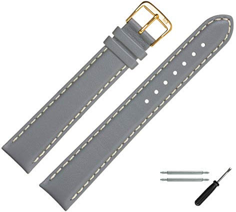 MARBURGER Uhrenarmband 18mm Leder Grau Gold XL Glatt Mit Naht - Montage Set 8021815000220