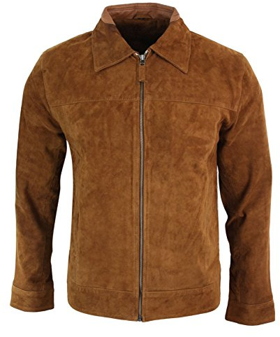Mens Real Suede Leather Classic Zip Jacket Camel Turn Down Collar Vintage Retro Tan Brown