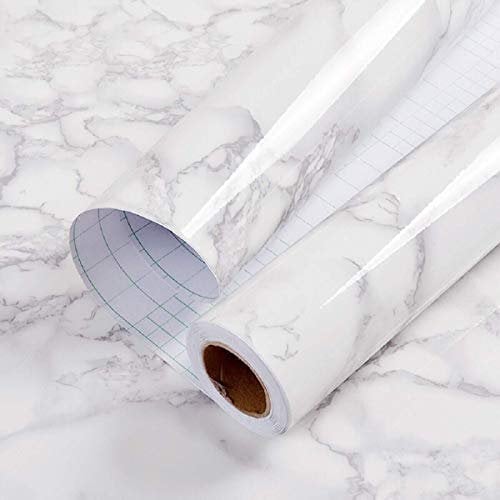 Hode Marmor Folie für Möbel Klebefolie Weiß Küche Marmoroptik, Möbelfolie Wandfolie Selbstklebend Mamorfolie, Weiss Hochglanz PVC Fensterbank Innen 30x200cm