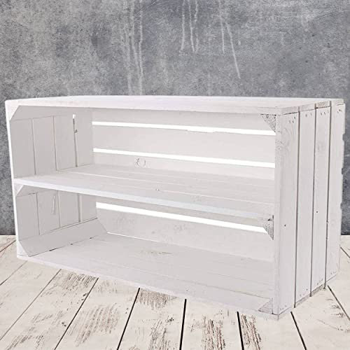 Vintage Möbel 24 GmbH Große weiße Obstkiste mit Mittelbrett 68cm x 40cm x 31cm Weinkisten Regal Holzboxen DIY Weinregal Weiss Shabby chic Holzkisten Altes Land Holzregal