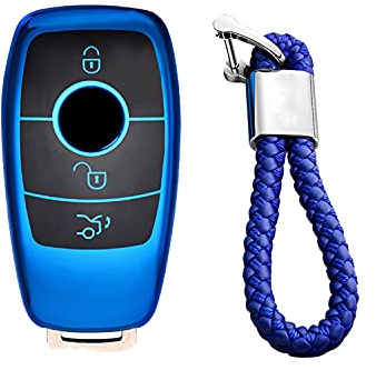 M.JVisun Soft TPU Case Cover Protector Car Remote Key Fob Case For Mercedes-Benz 2019-2022 A Class C Class G Class 2017-2022 E Class 2018-2021 S Class Fob Remote Key - Glossy Blue - Braided Keychain