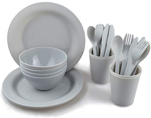 Plastic Plates and Bowls Sets,College Dorm Room Essentials Dishes Set Camping Plates,Dinnerware Accessories Mess Kit-Microwaveoven Safe BPA-Free with Mesh Bag-24PCS