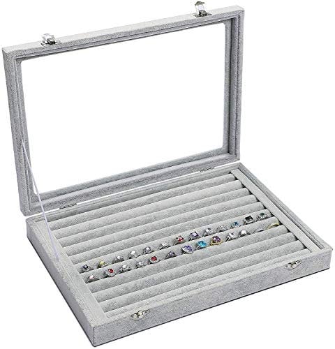 BIENSER Rings Organiser, Velvet Clear Lid Ring Box, Storage Display Case, Lockable, Dustproof, 13.14L x 9.18W