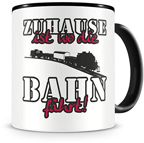 Samunshi® Eisenbahn Tasse mit Spruch Zuhause ist Bahn Geschenk für Bahn Fans Kaffeetasse groß Lustige Tassen zum Geburtstag schwarz 300ml