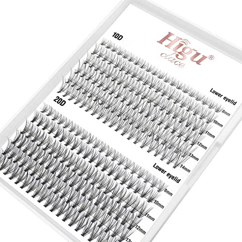 Higu 240pcs de faux cils individuels D Curl 10D 20D, mix 8-14mm Extensions de Cils inférieurs et mini clusters de cils, Convient pour une extension de cils DIY à domicile (10D/20D D 8-14m)